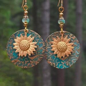Elegant Gold and Blue Sunflower Earrings